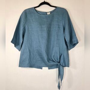 NEW LINTICO ELSIE BOXY 100% LINEN TEAL BUTTON BACK WITH SIDE TIE  BLOUSE.